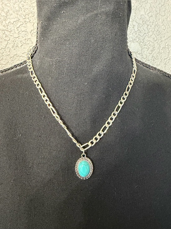 None Jewelry - Silver Chain Necklace and Turquoise Pendant Fashion Costume Jewelry